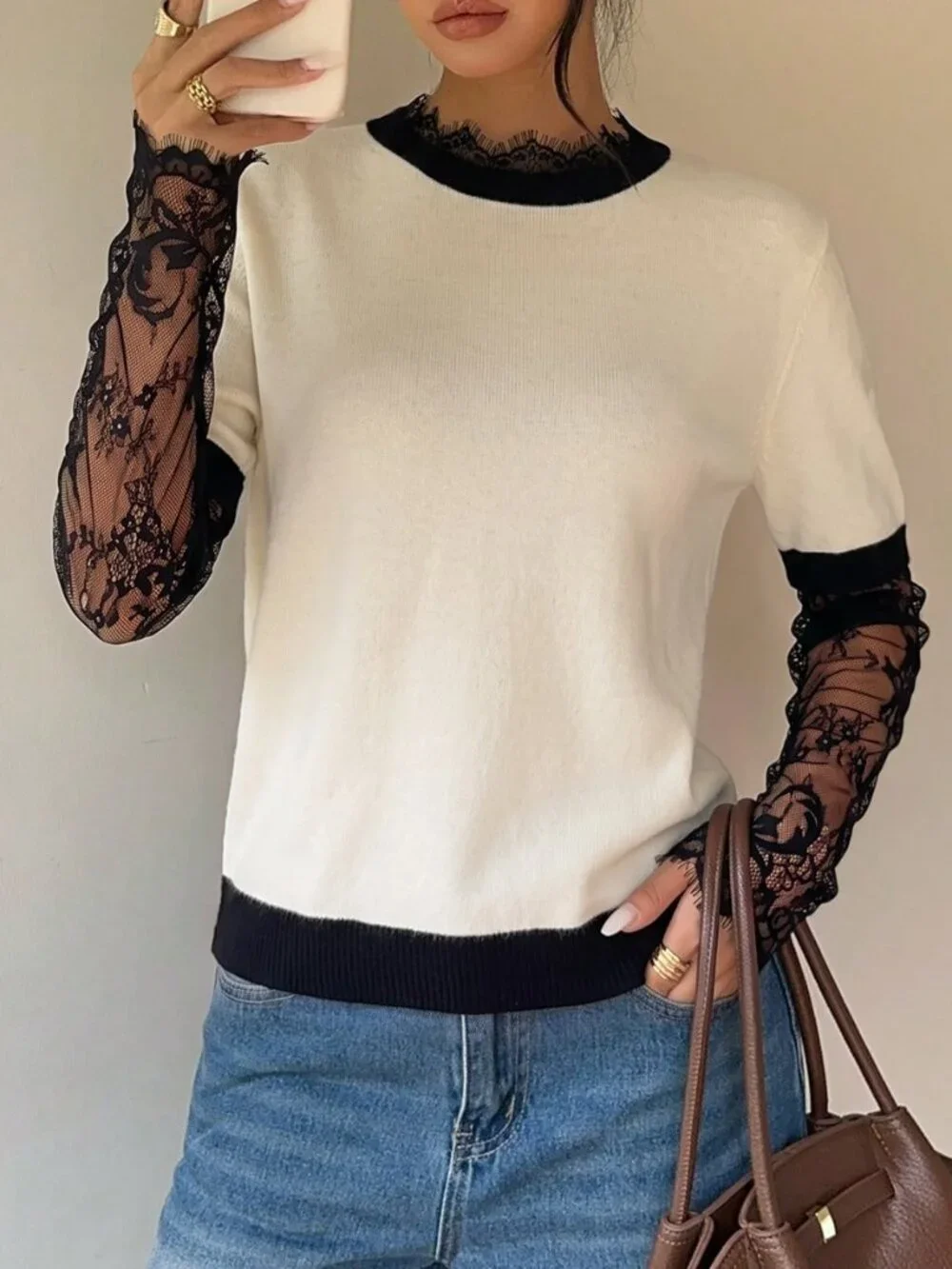 Apricot Casual Women's Contrast Lace Ruffle Drop Sleeve Round Neck Sweater